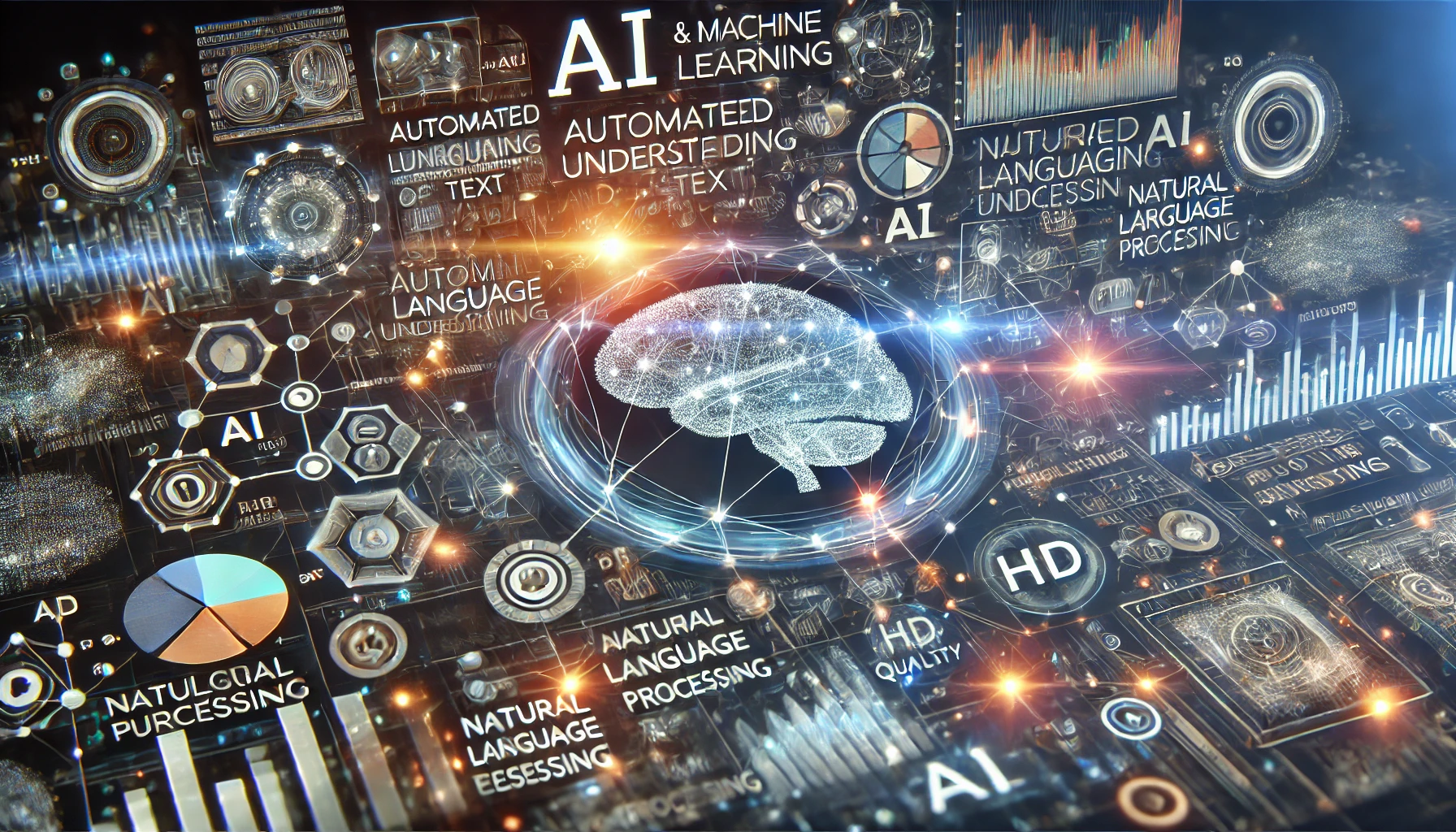 AI och maskininlärning i textanalys, med automatiserad språkförståelse och dataanalys. Bilden visar sammankopplade neurala nätverk, flytande text och analytiska grafer