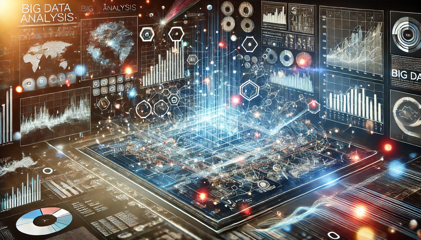 digital visualisering av big data-analys, med komplexa nätverk av sammankopplade datapunkter, interaktiva grafer och flödande binär kod