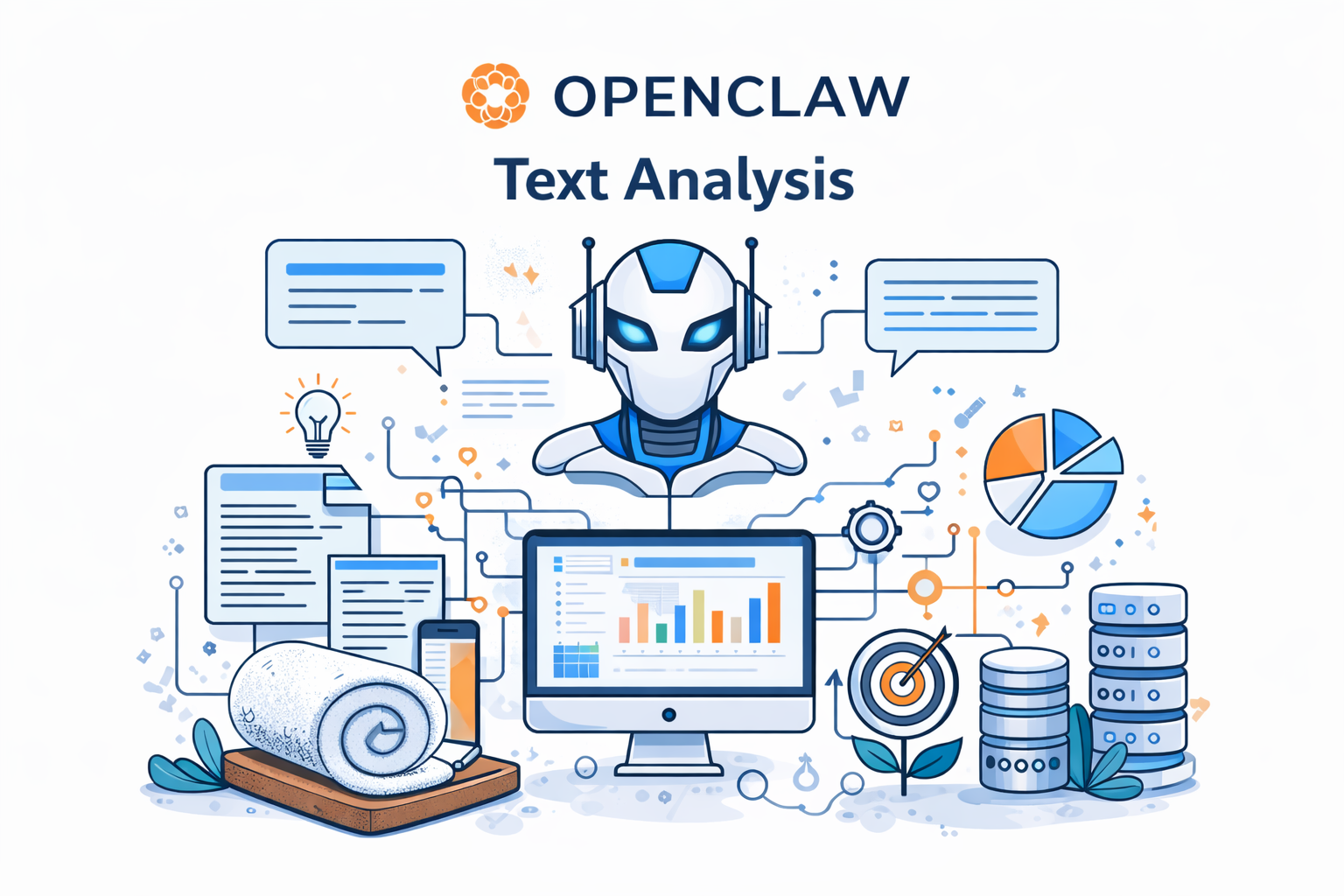 visualisering-openclaw-textanalys-med-ai-och-data-16×9 Illustration som visualiserar OpenClaw textanalys med AI, där en AI-ikon kopplas till textbubblor, dokument, diagram och databaspelare i ett dataflöde.
